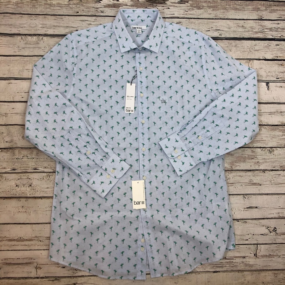 Bar III Button Down Shirt Frog Pattern Blue Sz L